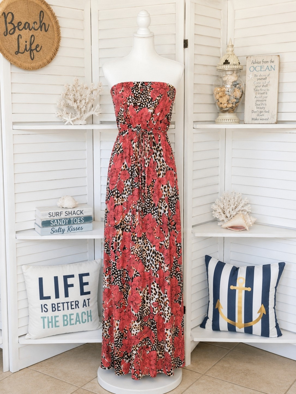 Strapless Animal Print Maxi Summer Dress With Coral Flowers Capsule Sz 10